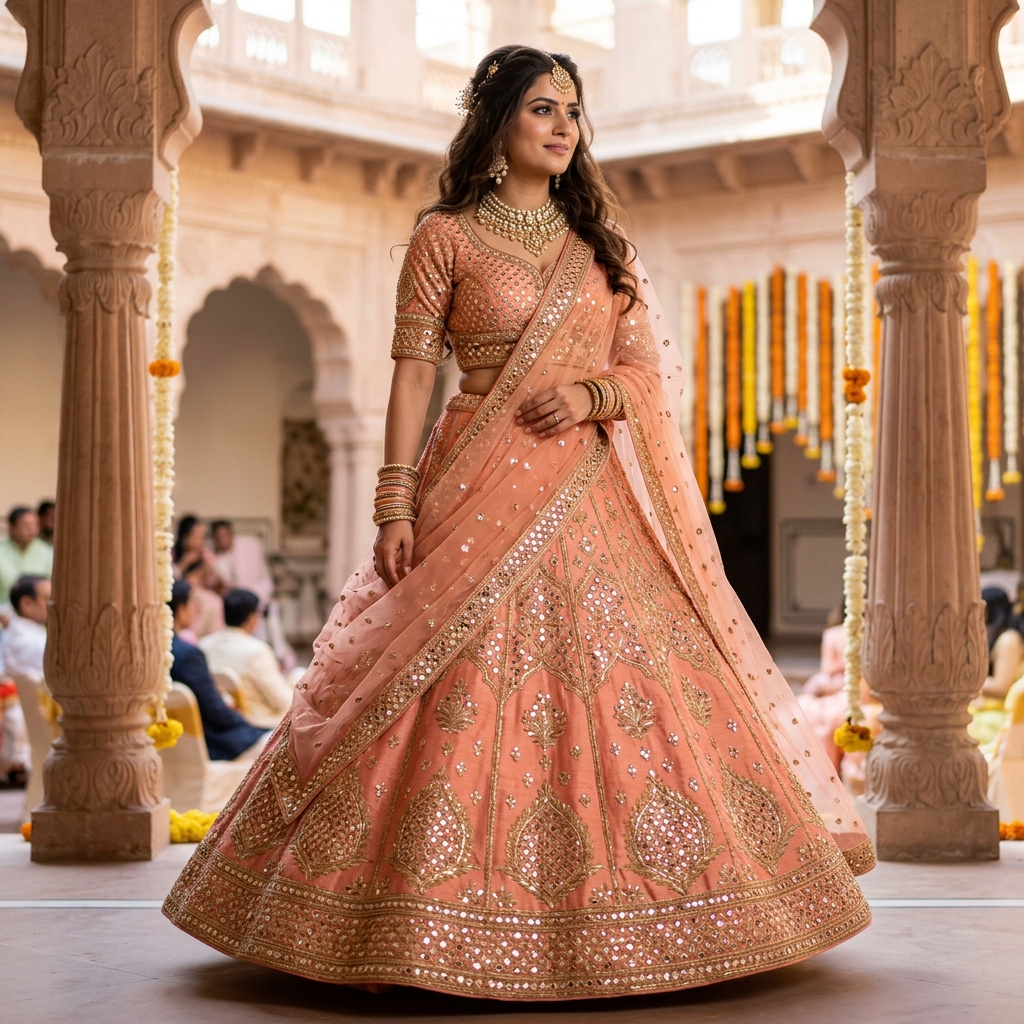 Peach Mirror Work Lehenga